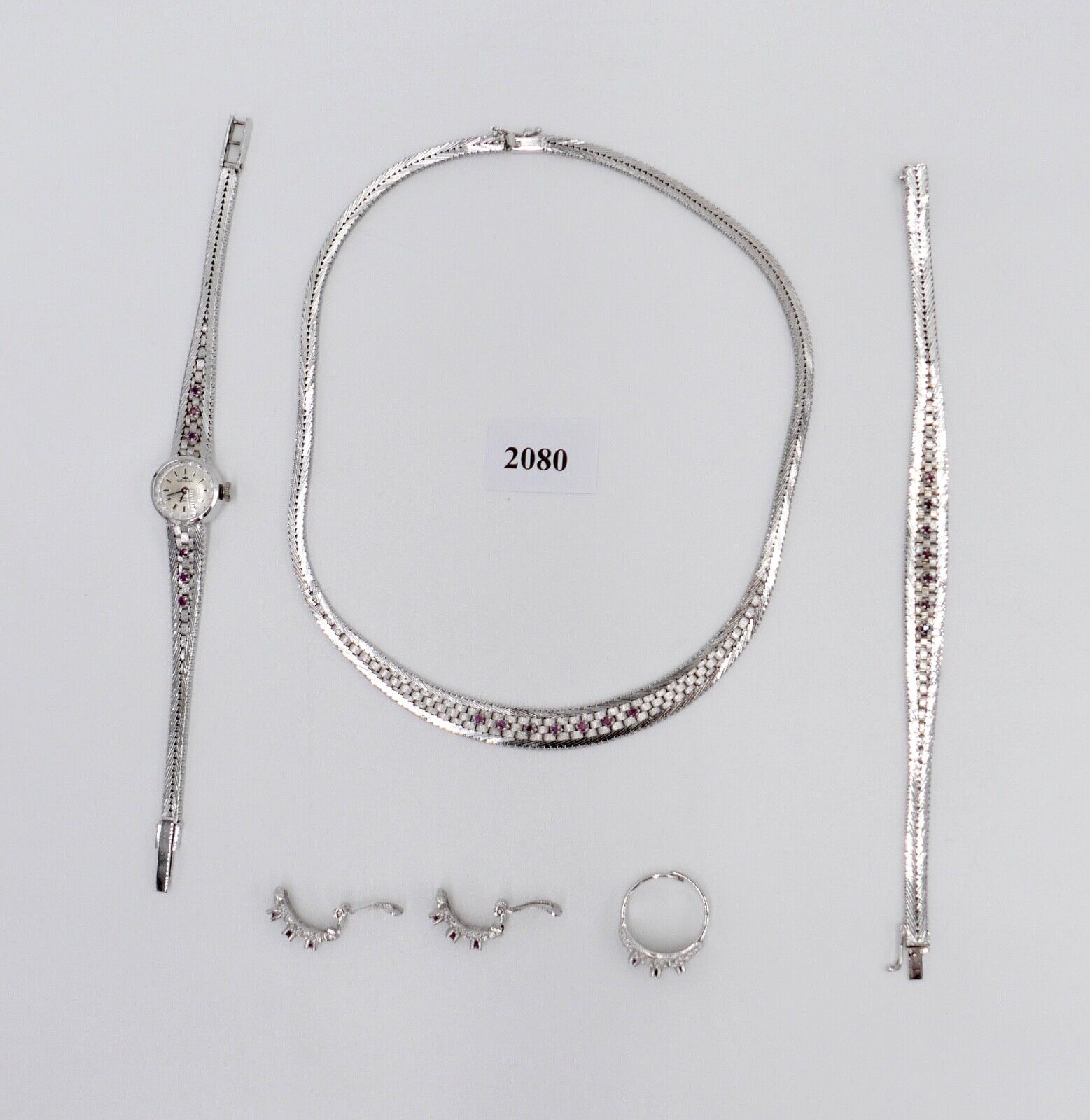 835 Silber Rubin Set " Armband Ring Uhr Ohrringe Collier " 1970er Jahre