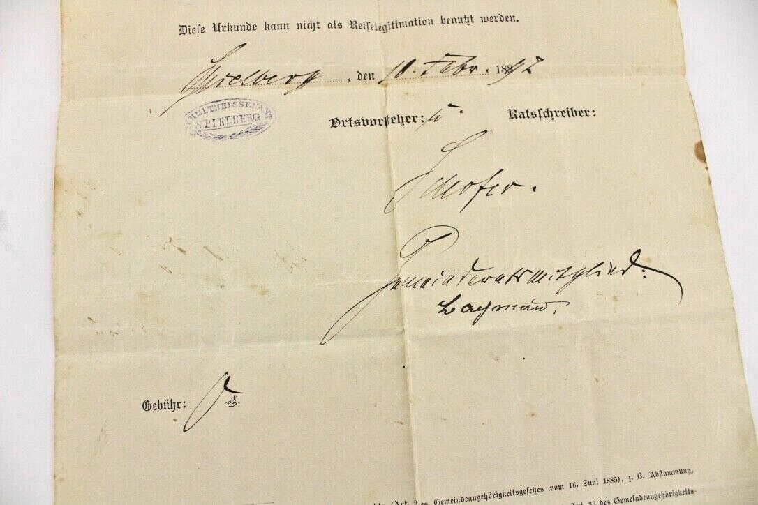 Bürgerrechts Urkunde 1892 Schultheissenamt Spielberg Civil rights certifi