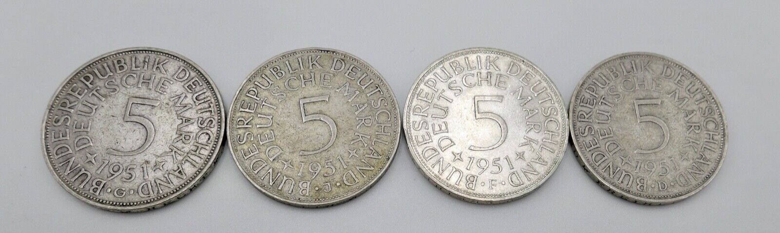 4x 5 DM 1951 J.387 Silbermünzen Silberadler Heiermann Komplettsatz D F G J