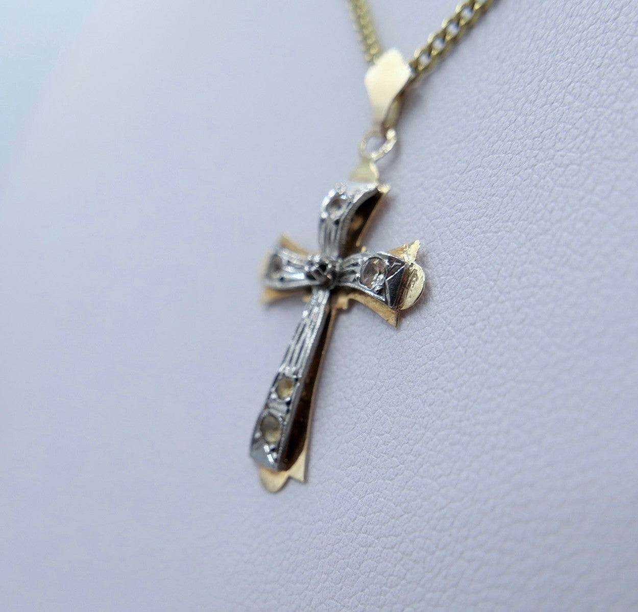 Antiker Kreuz Anhänger 585 Gold Gelbgold  / Weißgold Glassteine 14K