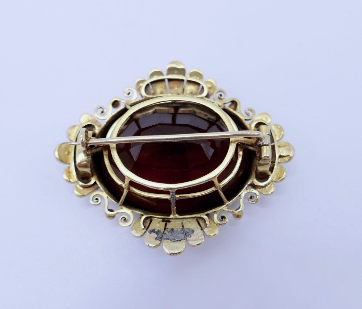 Große antike Brosche Gelbgold 585 14K Rauchquarz Saatperlen viktorianisch 40 ct