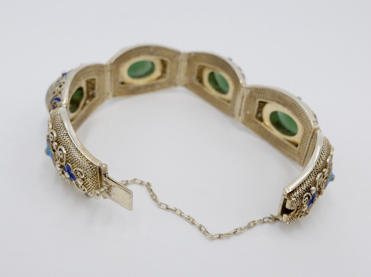 60er Jahre Silber Armband vergoldet China Silver Emaille grüne Jade Blumendekor