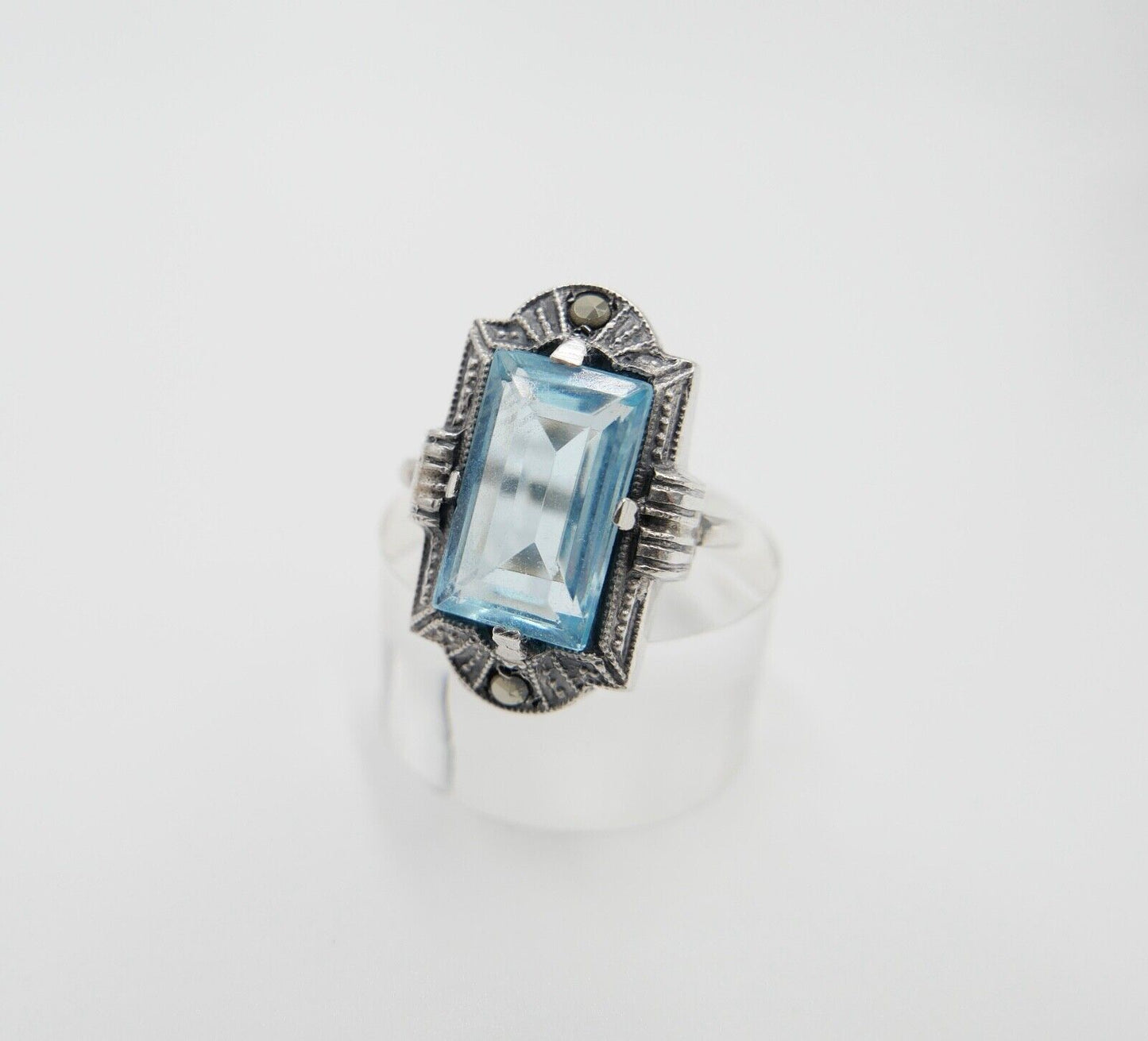 ART DECO Damenring Ring Silber 830  Gr. 53 mit Markasit blauer Glasstein