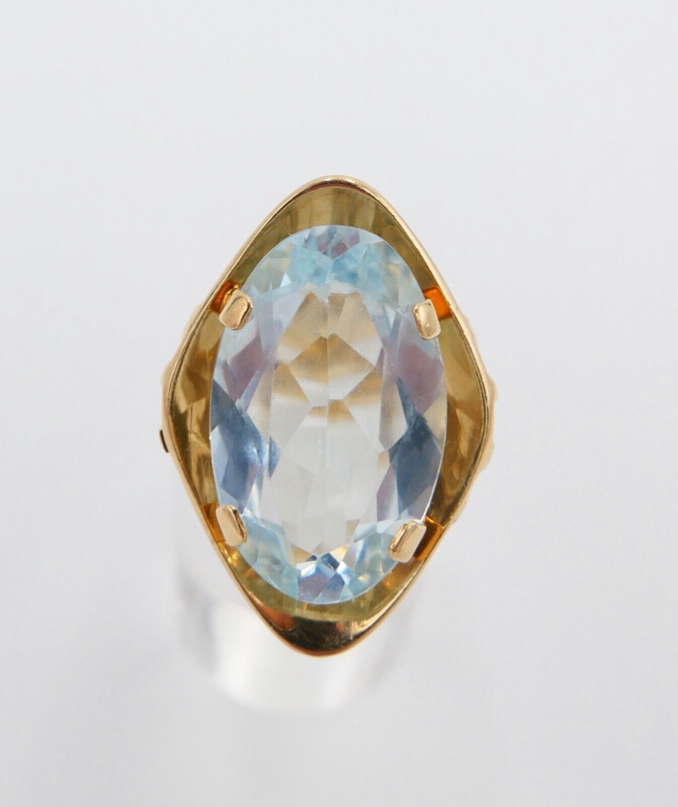 19,2 Ct Gelb Gold Damen Ring Navette Form Gr. 56 - 57 XXL blauer Stein 585 14K