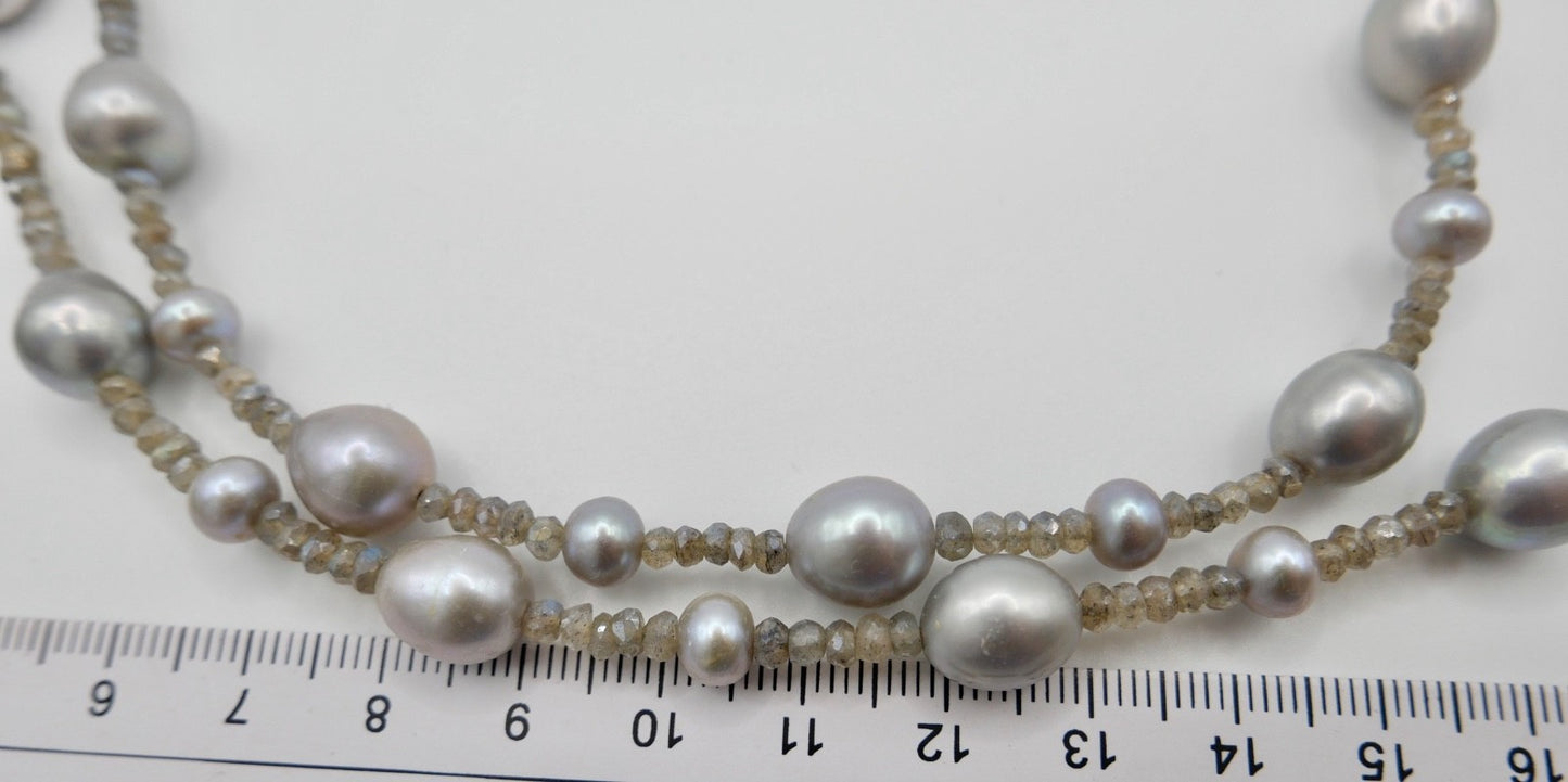 Elegante Labradorit Perlenkette Silber Collier Grau Barockperlen S.S.V. BOTTOM