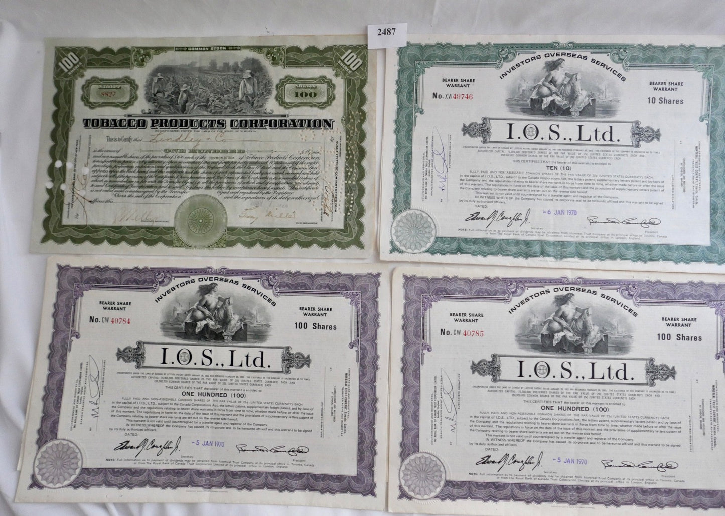 6x Aktien I.O.S. Ltd. Overseas & Tobacco Products Corporation Stock Wertpapier