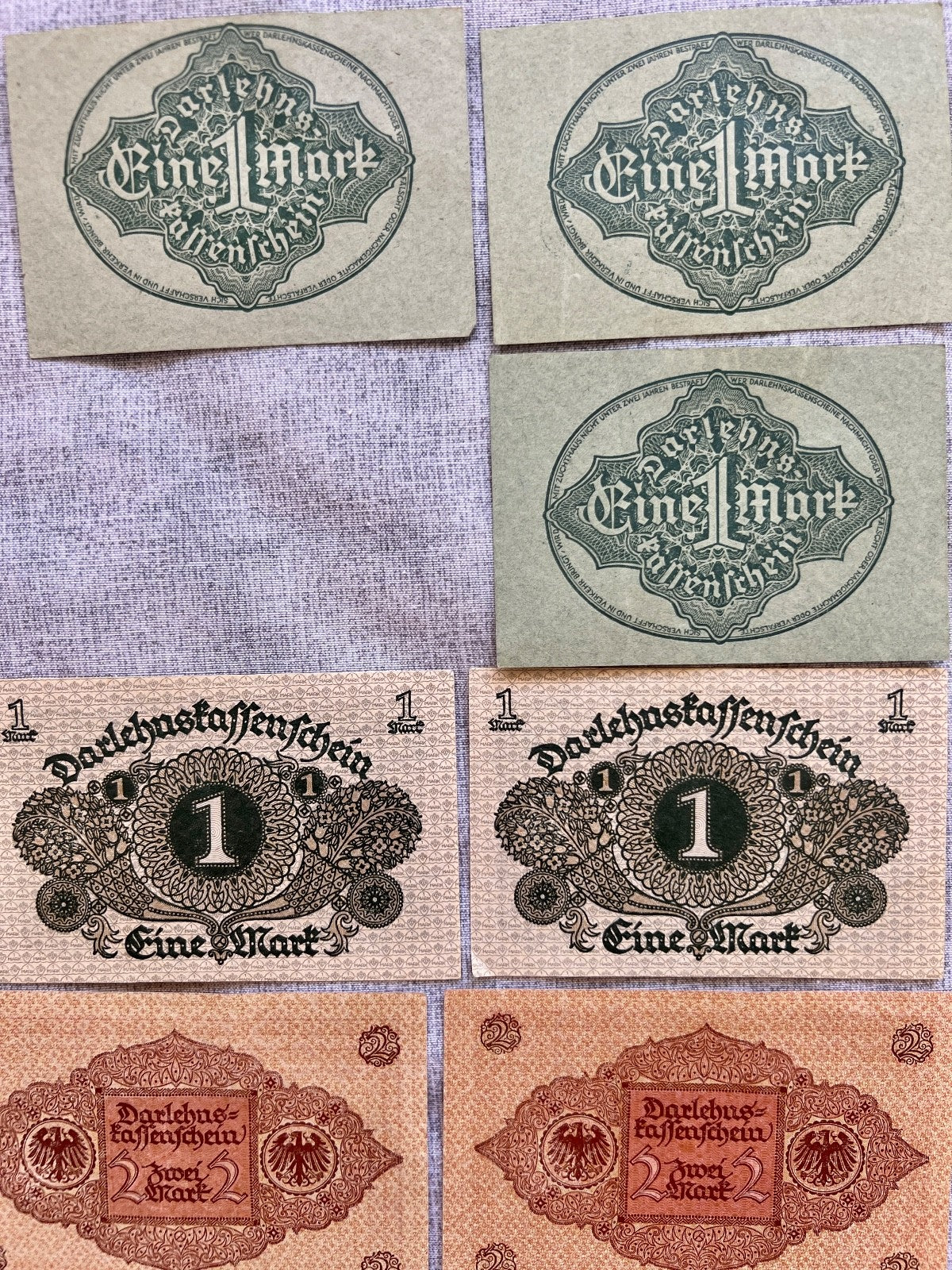 9x  1  & 2 Mark Darlehnskassenschein Banknote 1920 & 1922 UNC Ro. 73 74 64 65