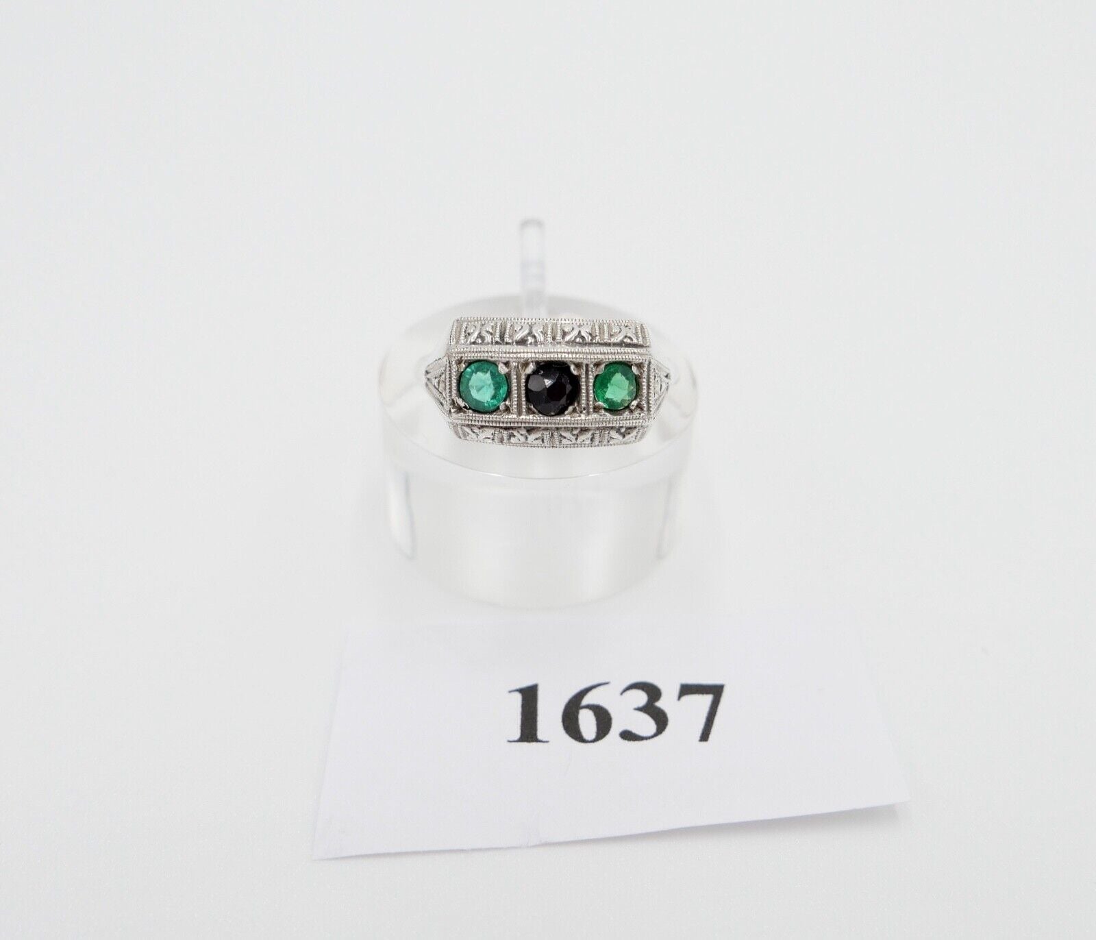 ART DECO Damenring Ring Silber 835 Gr. 53 mit grünen & schwarzen Glasstein