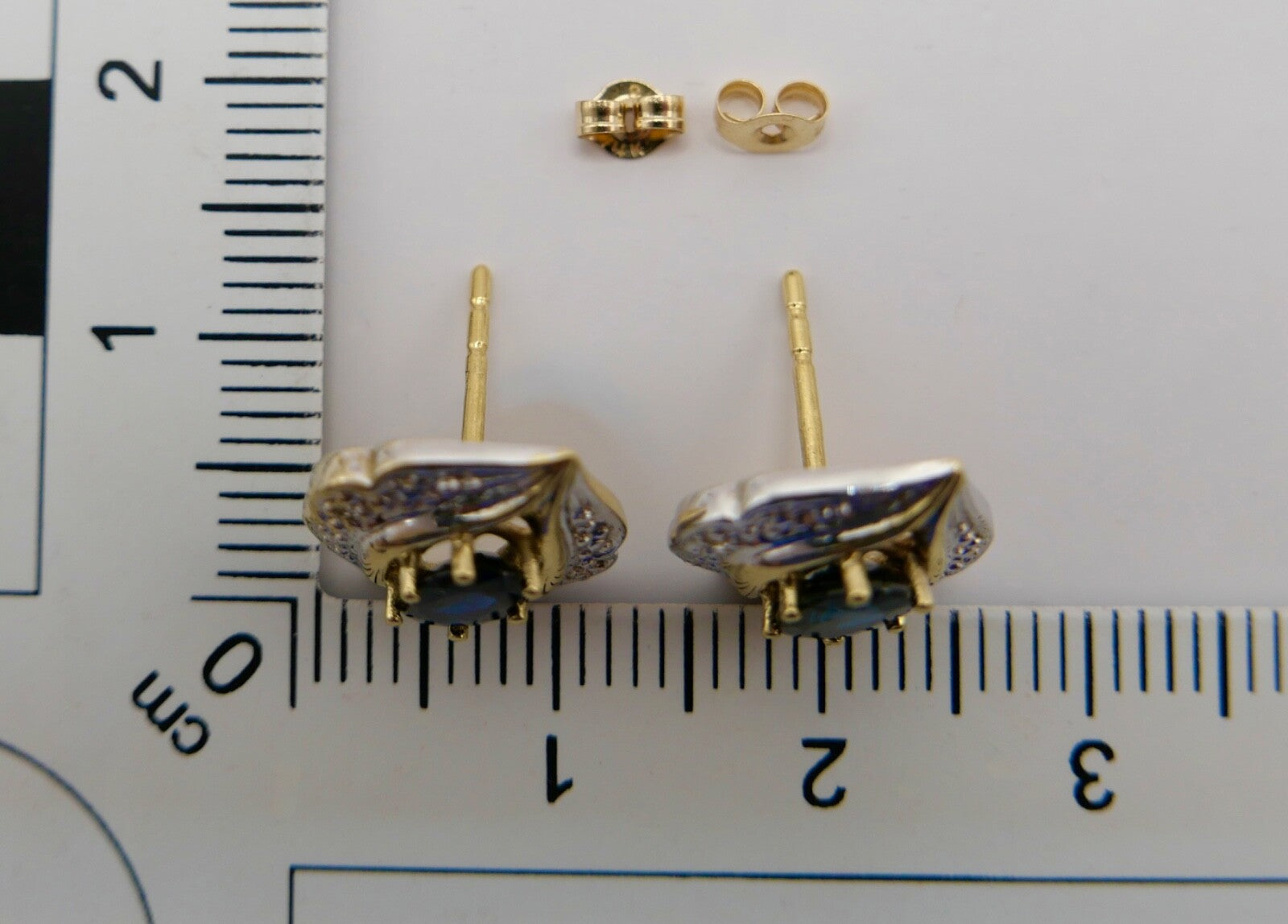 Bicolor 1970er Gold 585 14K Diamant & Saphir Ohrringe Ohrstecker  Ø 13,4mm