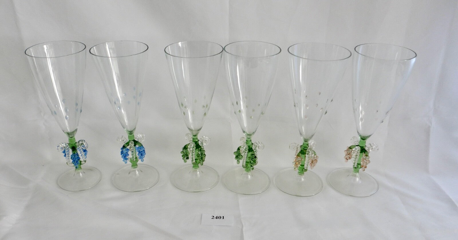 6x Lauscha Bimini Sekt Glas Gläser Set Art Deco 17 cm buntes Traubenmotiv