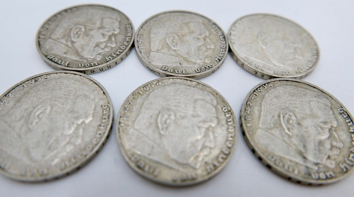 6x 2 Reichsmark 625 Silbermünzen 1936 Jäger J. 366 Hindenburg