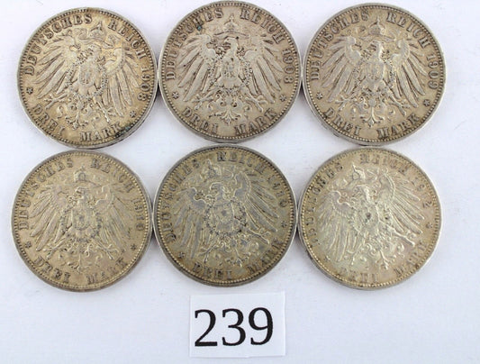 6x 3 Mark  " Wilhelm II " Preußen 1908 1909 1910 1912 A Jäger 103 Silber Münzen 