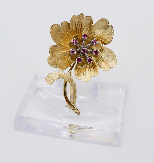 Massive Florale Gold Brosche mit Rubin 585 / 14K  Blume Ø 46mm 0,28 Ct 