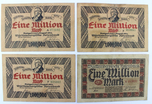 4x WTB 17 18 Länder Banknote 1 Million Mio Mark 1923 old Bill Württemberg RO