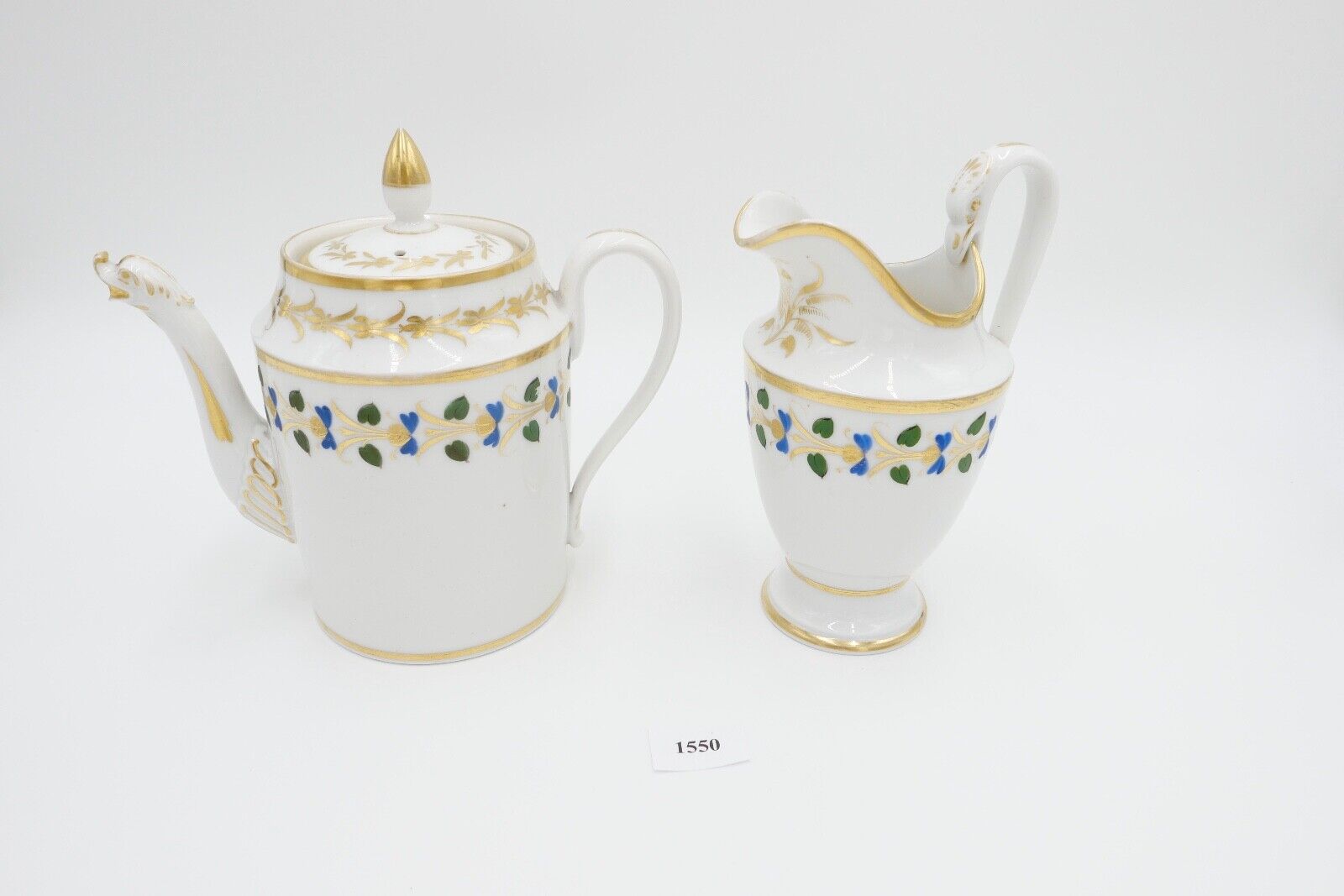 um 1830 antik Biedermeier Porzellan Kaffee & Milchkanne Schwanenhals Goldrand