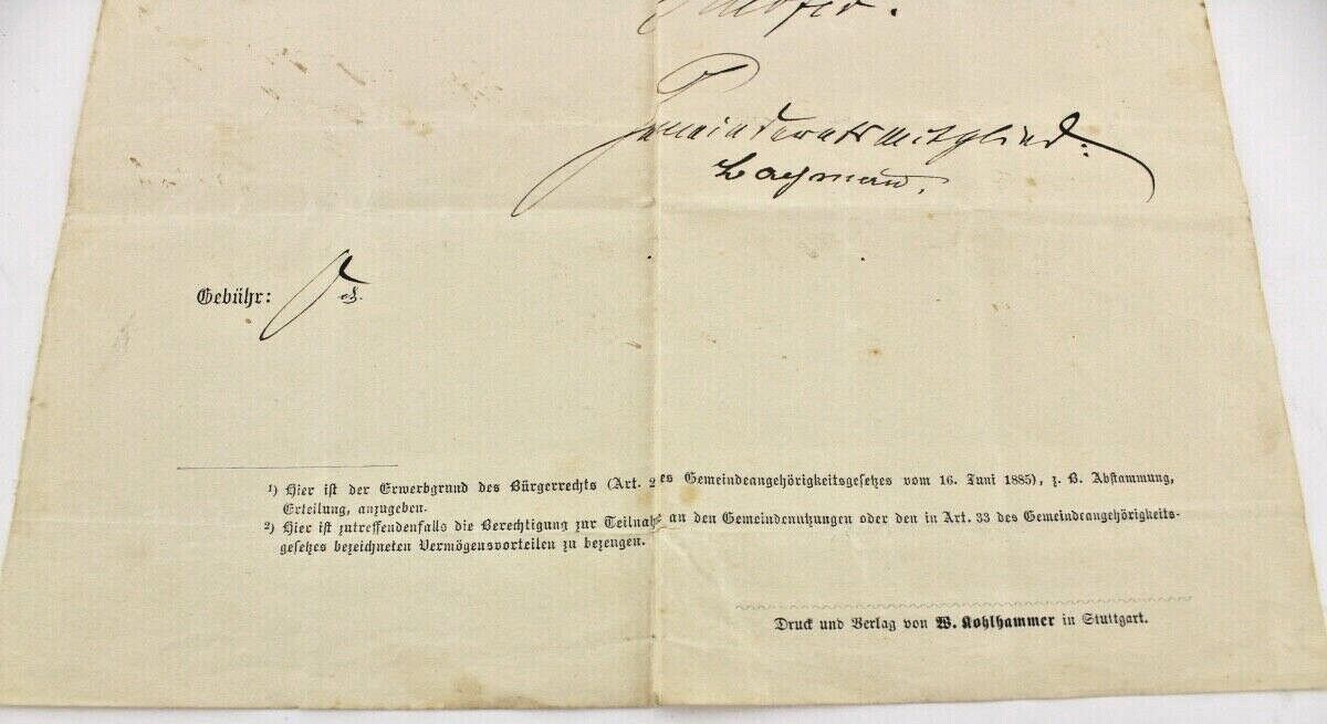 Bürgerrechts Urkunde 1892 Schultheissenamt Spielberg Civil rights certifi