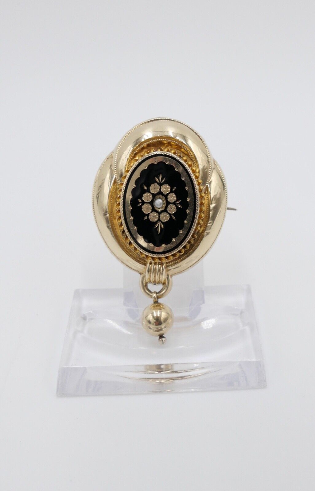 große BIEDERMEIER um 1840 antike Brosche 585 / 14K Schaumgold Saatperle ONYX