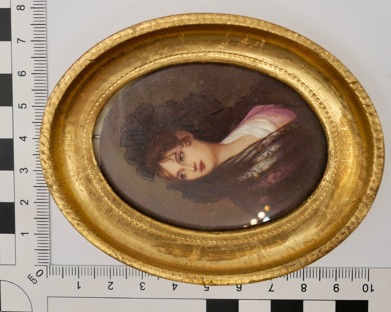 altes Miniatur Damen Portrait vergoldeter Holz Rahmen Florentiner Art Ø 9,2 cm