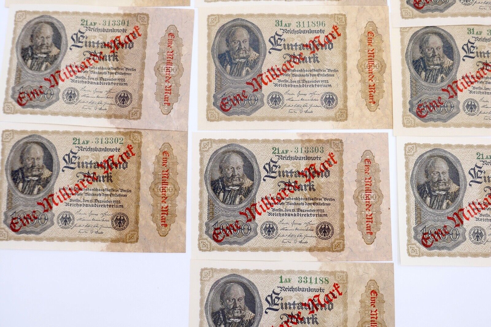 13x Ro. 110b Banknote 1 Milliarde Mark Überdruck KFR fortlaufend Kassenfrisch