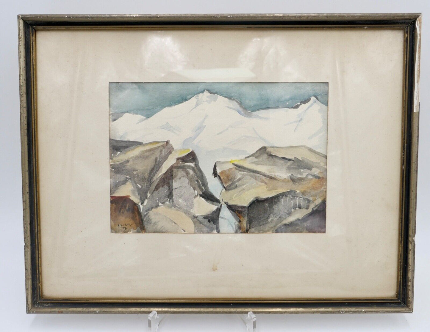 1939 Else Hertzer signiert und datiert Aquarell Winter Berge Landschaft 42x32 cm