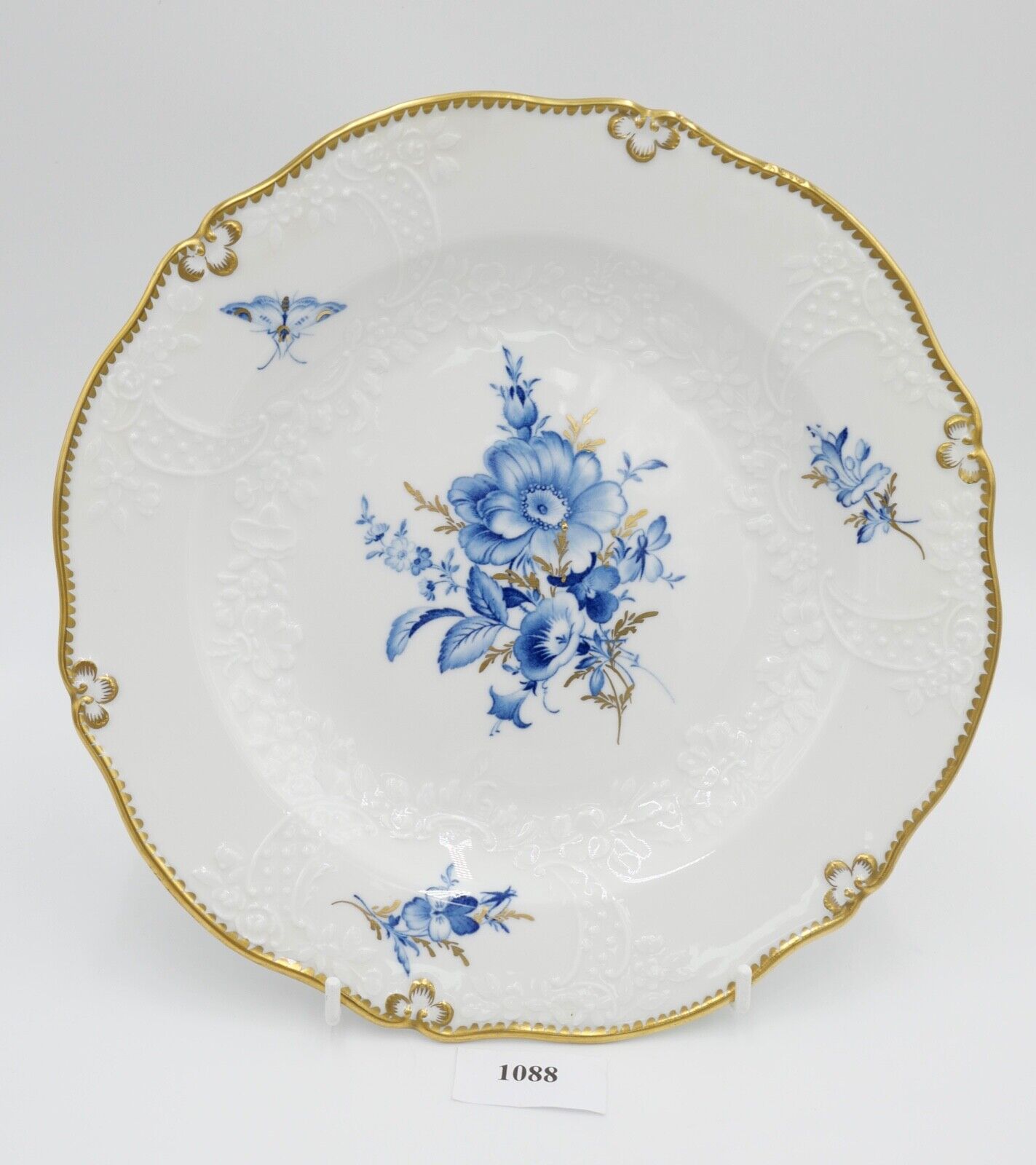 Meissen Porzellan Relief Teller Ø 25cm Goldrand Blumen Schmetterling Blau 3701