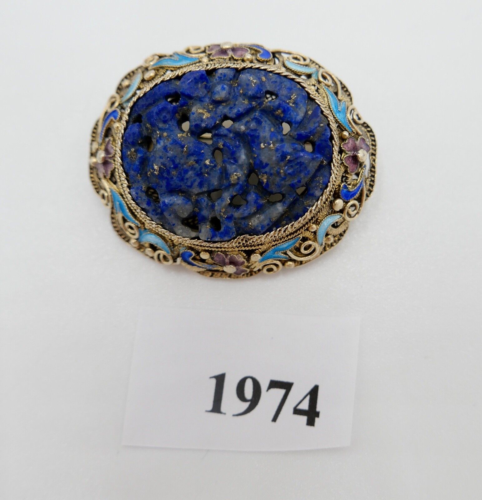 Lapislazuli Lapis Lazuli Brosche Emaille Silber vergoldet 1960er Jahre China