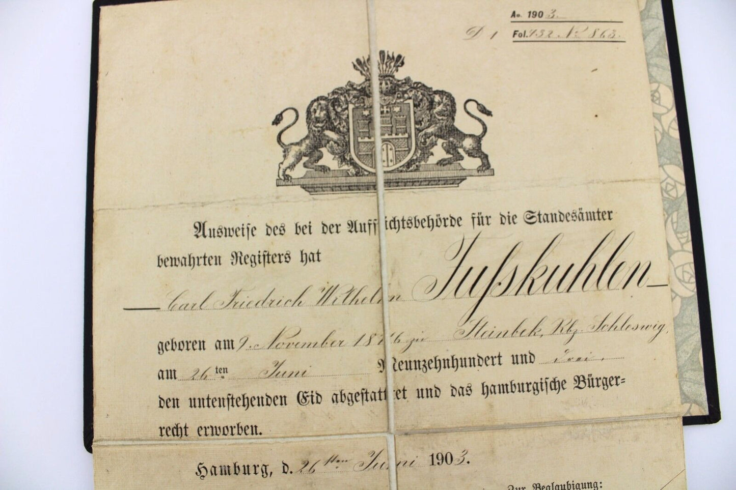 Bürgerrecht Urkunde 1903 Bürgereid freie Hansestadt Hamburg Civil rights certifi