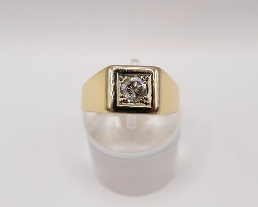 80er Solitär Herren Ring Gelbgold 750 / 18K Gr. 63 Diamant Brillant Jahre 0,52Ct