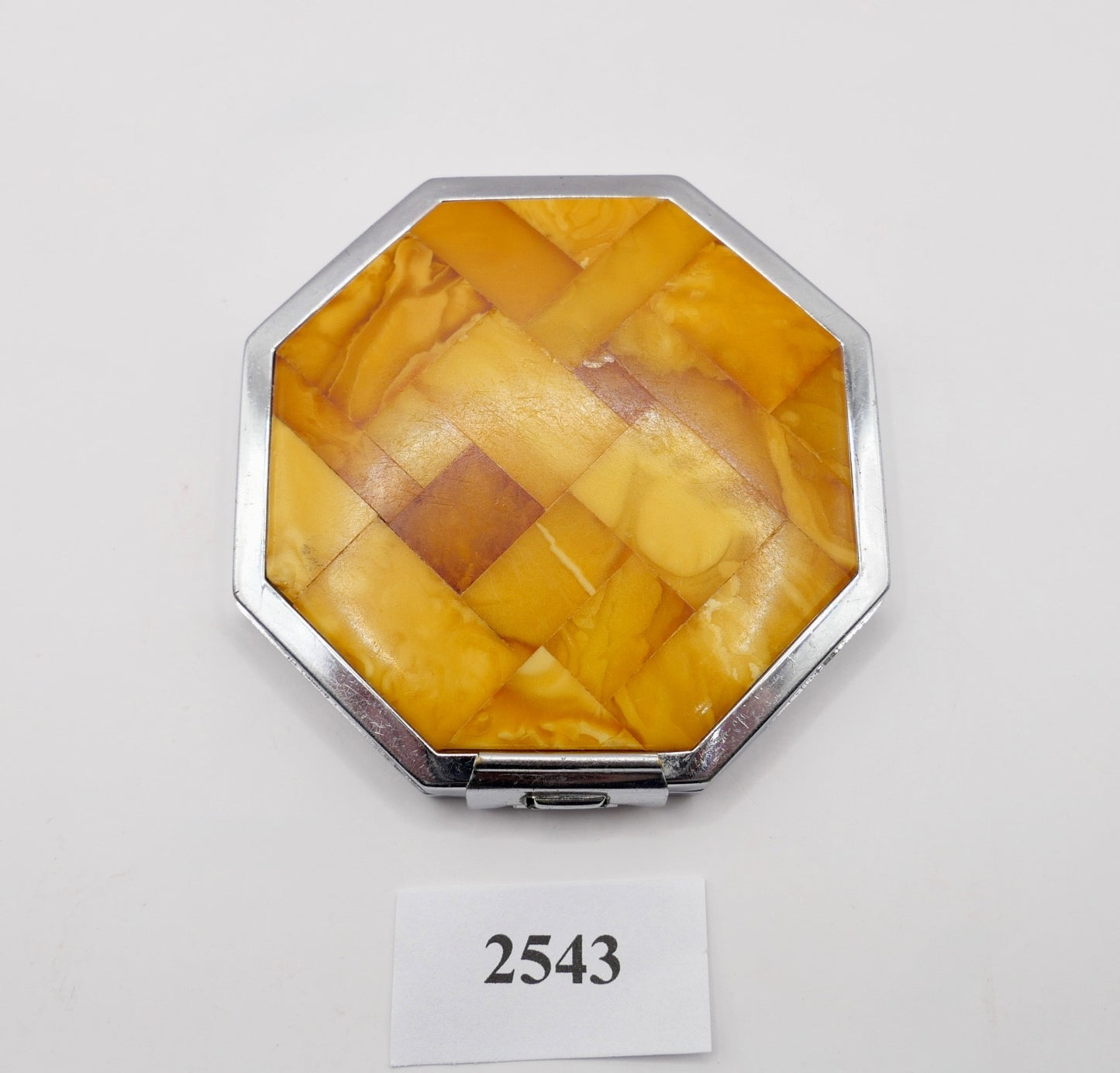 alte Puderdose mit Spiegel Bernstein butterscotch Ø 7,5cm