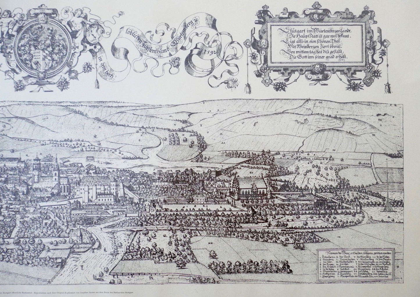 STUTTGART 1592 Jonathan Sauter Historische Stadtansicht Reproduktion aus 1934