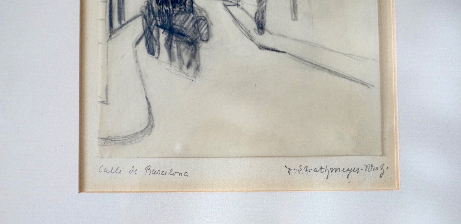 T. SKATHMEYER-WENZ Original Kohlezeichnung Calle de Barcelona Unikat gerahmt