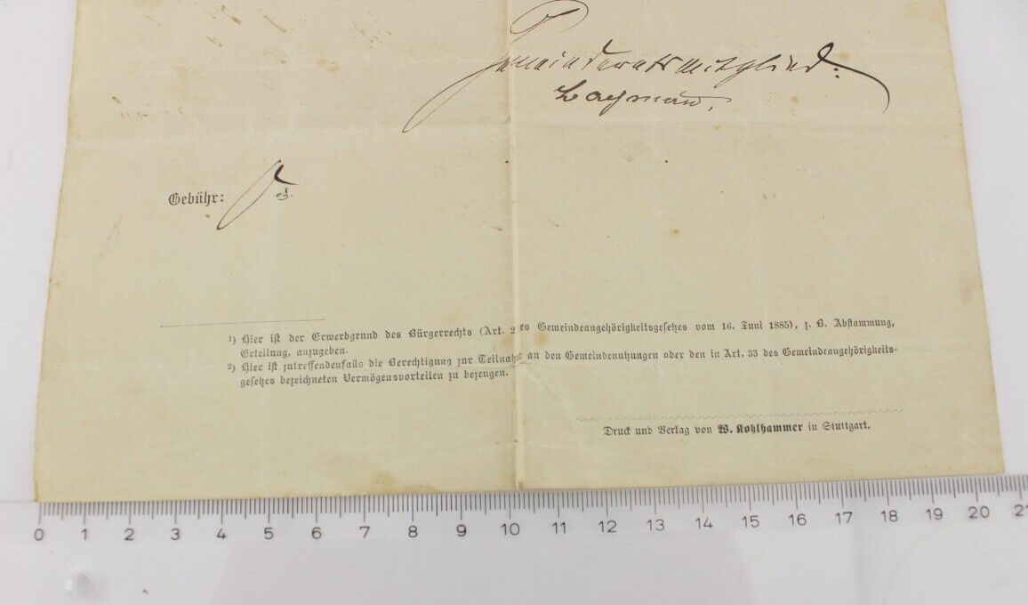 Bürgerrechts Urkunde 1892 Schultheissenamt Spielberg Civil rights certifi