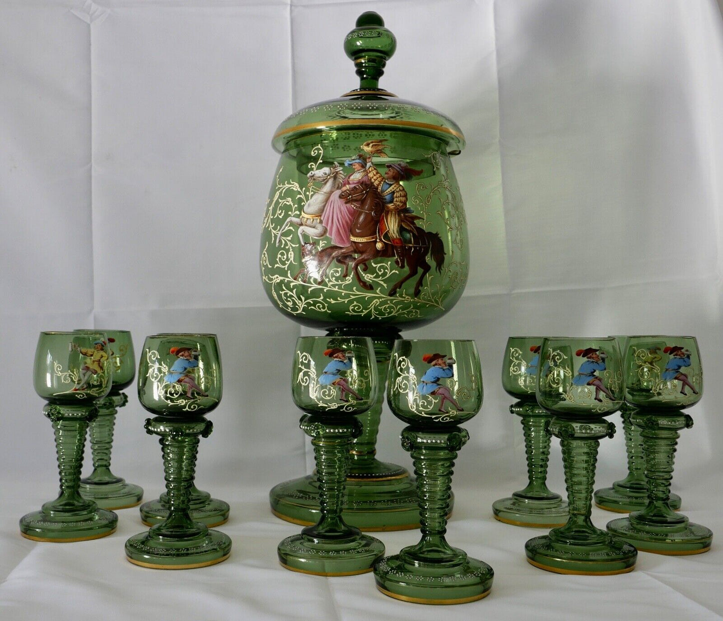 Antike Weinrömer Gläser Pokal XXL Bowle Set grün Emaille RAR Goldrand 53cm 1900