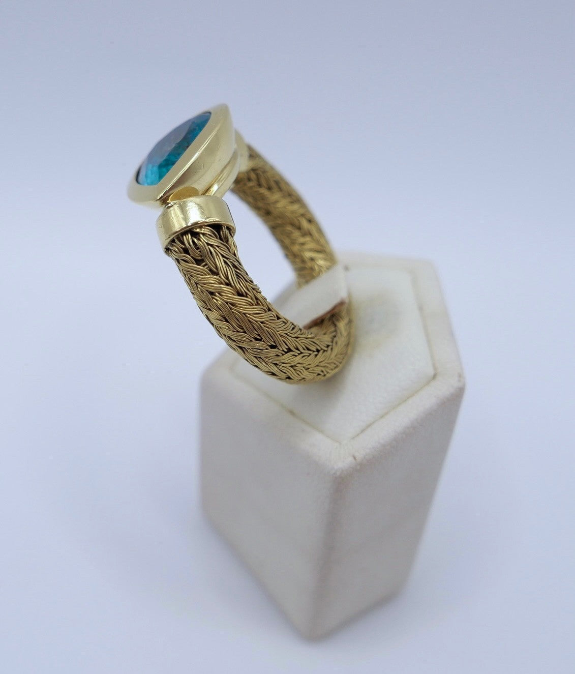 Unikat Goldring 750er Tropfen Turmalin Indikolith Blau Grün Zopfmuster 3,5 Ct