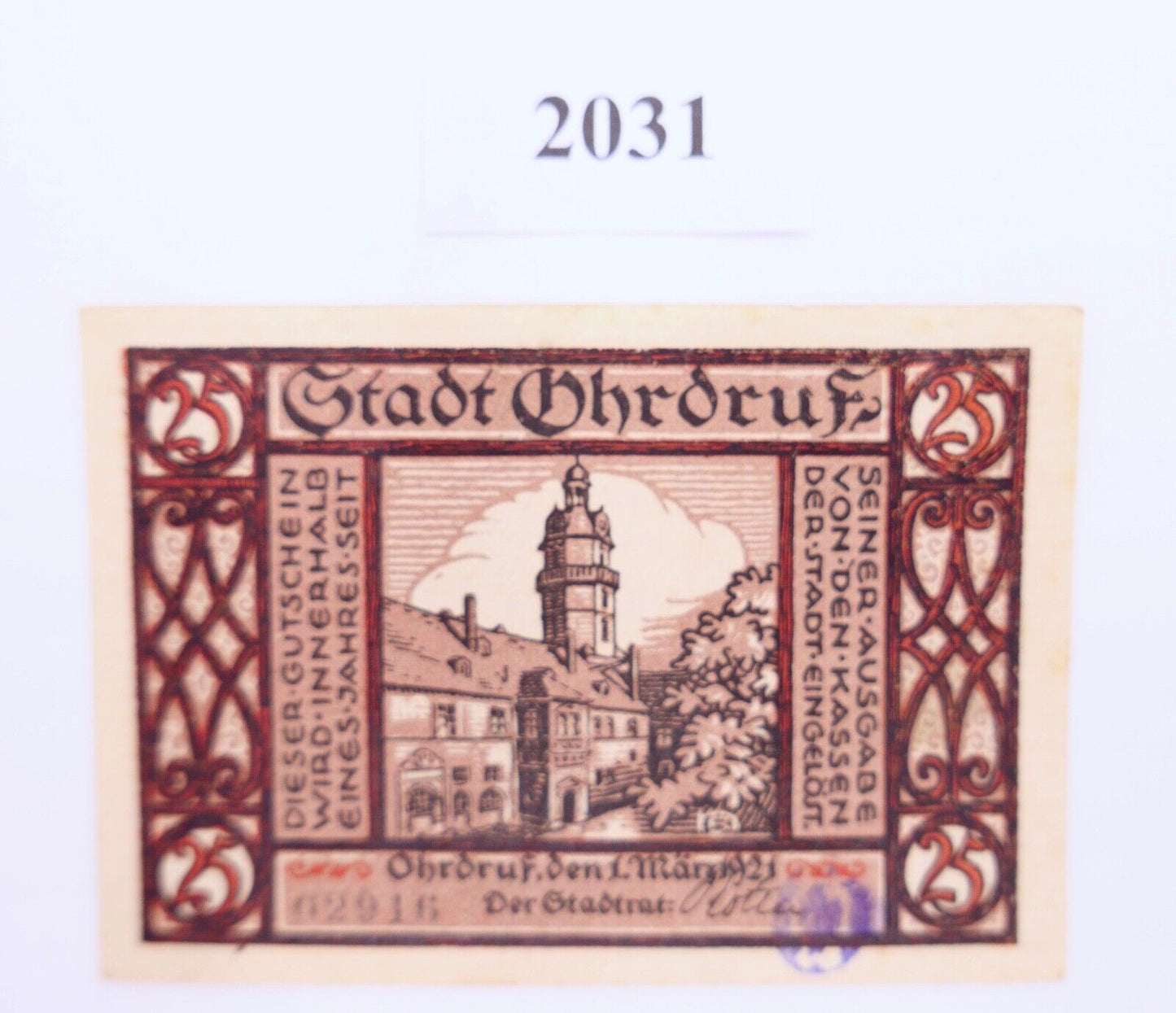 SEHR SELTEN Notgeld der Stadt Ohrdruf 1921 GESTEMPELT 25 Pfennig AU/EF - UNC