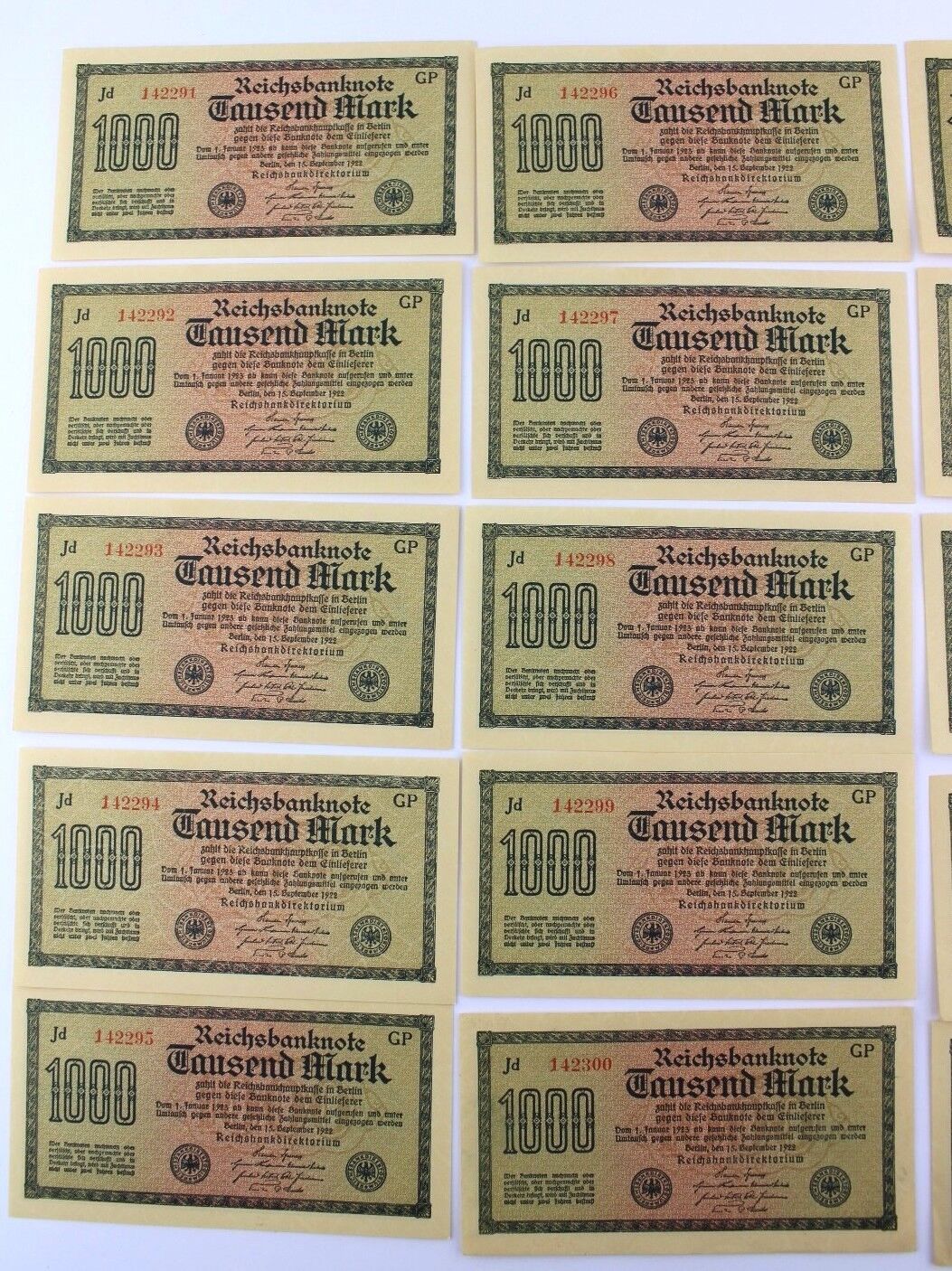 15x Ro. 75d Banknote 1000 Mark 1922 TOP Kassenfrisch fortlaufende Nr old Bill