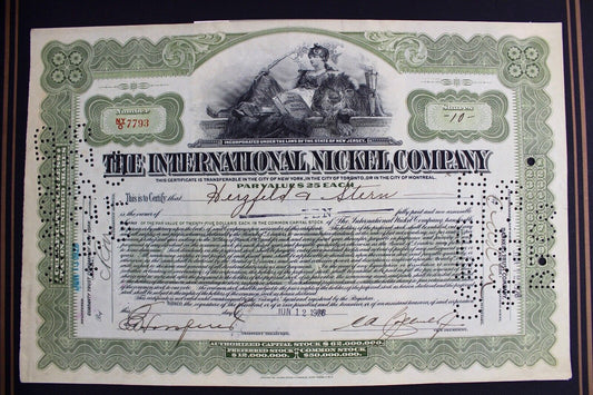 The International Nickel Company 1928 alte USA Aktie Stock Certificate 10 Shares