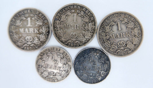 5x 1 & 1/2 Mark 1875 - 1919 Deutsches Reich Coin lot Silber