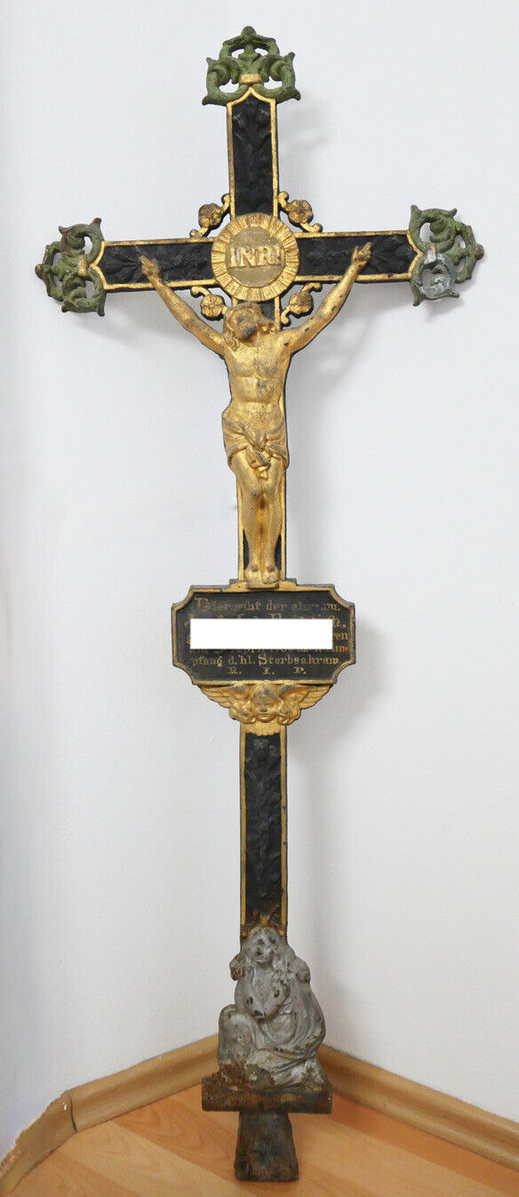 Großes antikes Grabkreuz aus Gusseisen 1905 Grabstein Grab Österreich 116x43 cm 