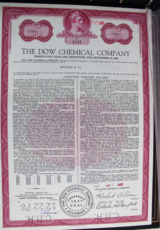 The Dow Chemical Company 1970er alte USA Aktie Stock Certificate 19,000 Dollars