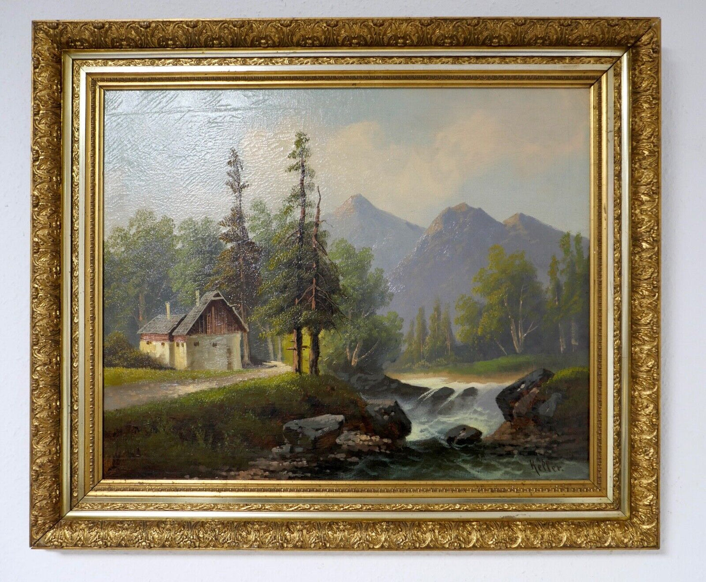 Gemälde Bach / Wald / Berg Landschaft Öl auf Leinwand Prunkrahmen 85x72cm KELLER