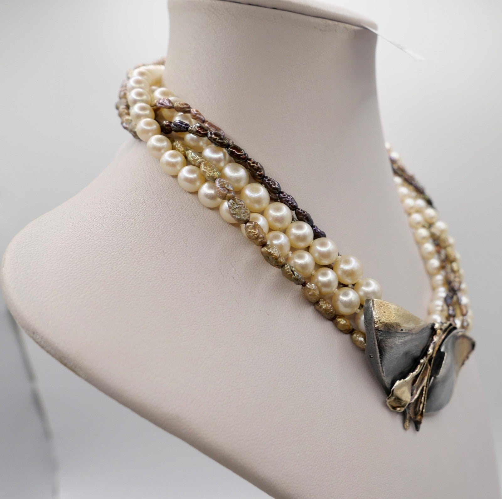 80er Perlenkette Collier 5-reihig 925 Silber vergoldet Schmetterlingsverschluss