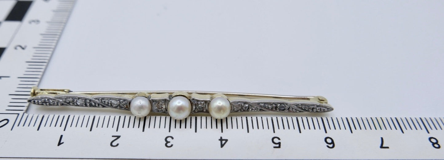 Antike Art Déco Stabbrosche 14k 585 Gold Brosche Perlen 0,17 Ctw Diamanten Rosen