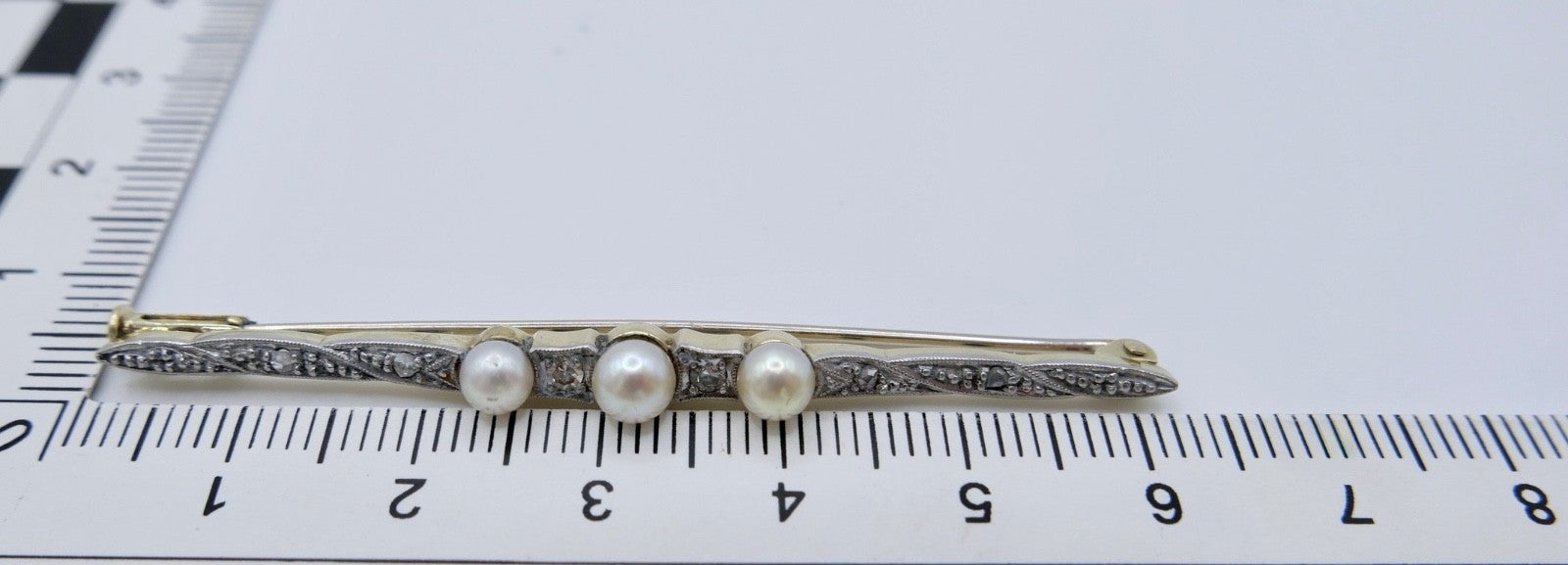 Antike Art Déco Stabbrosche 14k 585 Gold Brosche Perlen 0,17 Ctw Diamanten Rosen