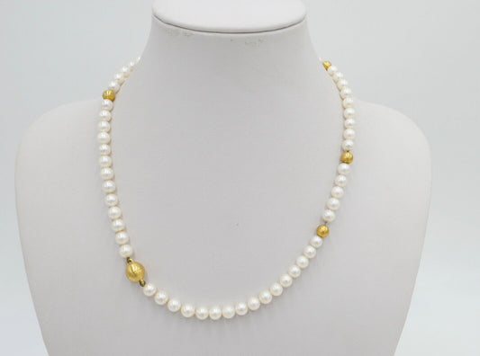 80er Jahre Akoya Perlenkette Collier 43 cm Magnetverschluß Gold 585 / 14K Ø 6 mm