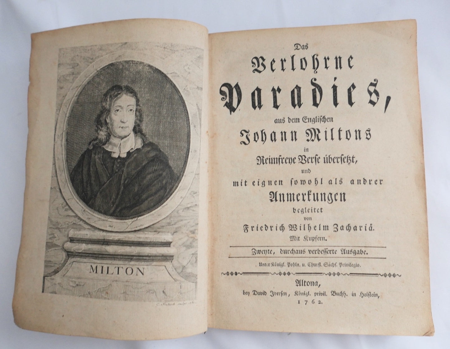 Johann Milton Das Verlohrne Paradies 1762 Zachariä Altona Kupferstiche 2. Auflag