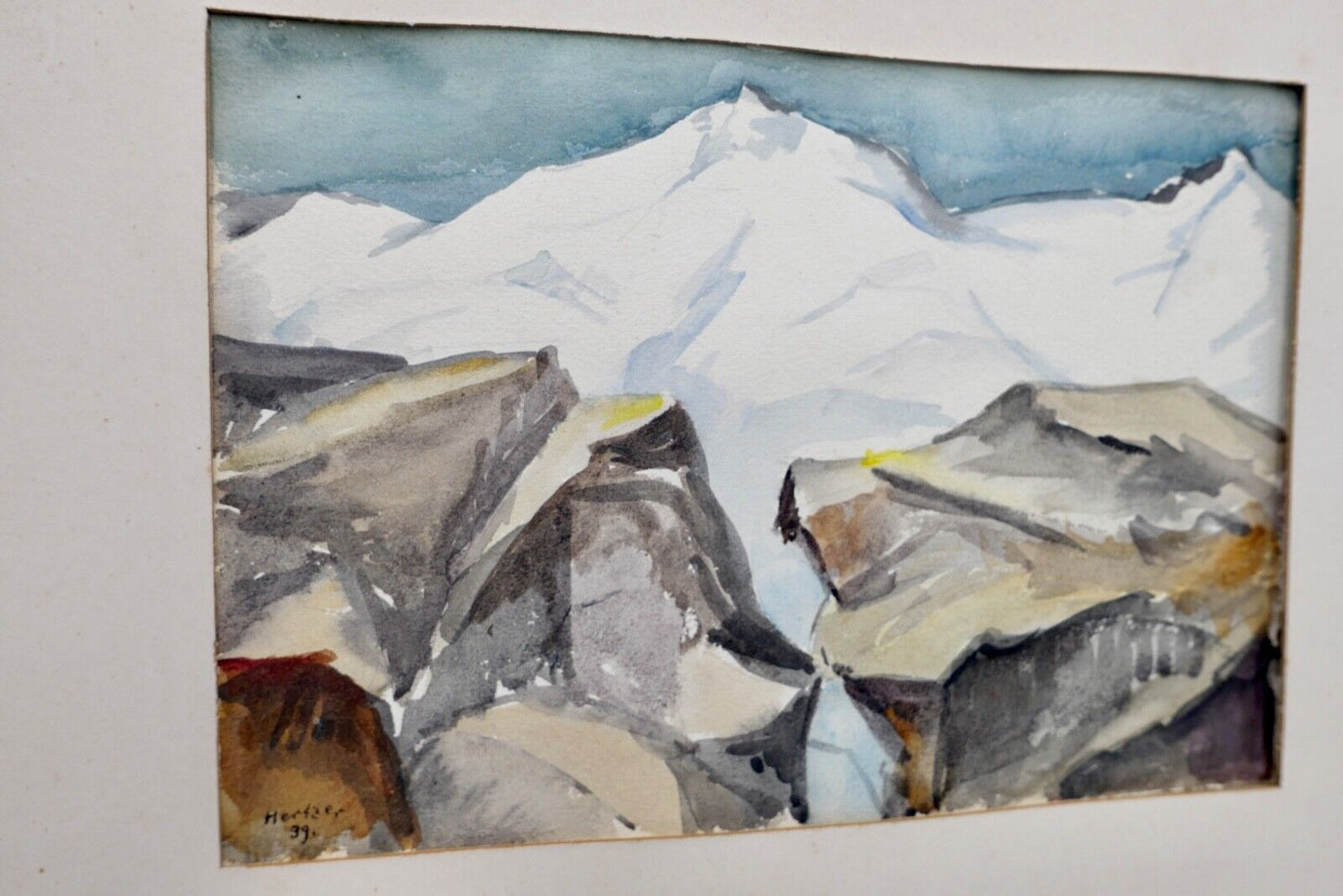 1939 Else Hertzer signiert und datiert Aquarell Winter Berge Landschaft 42x32 cm