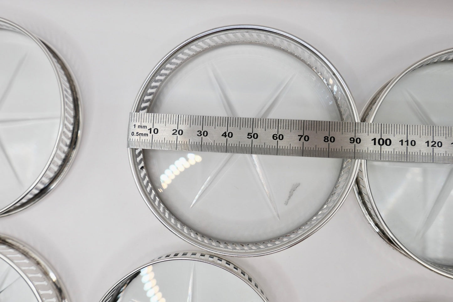 6 Glas Untersetzer Sterling Silber mit Kristall 145B