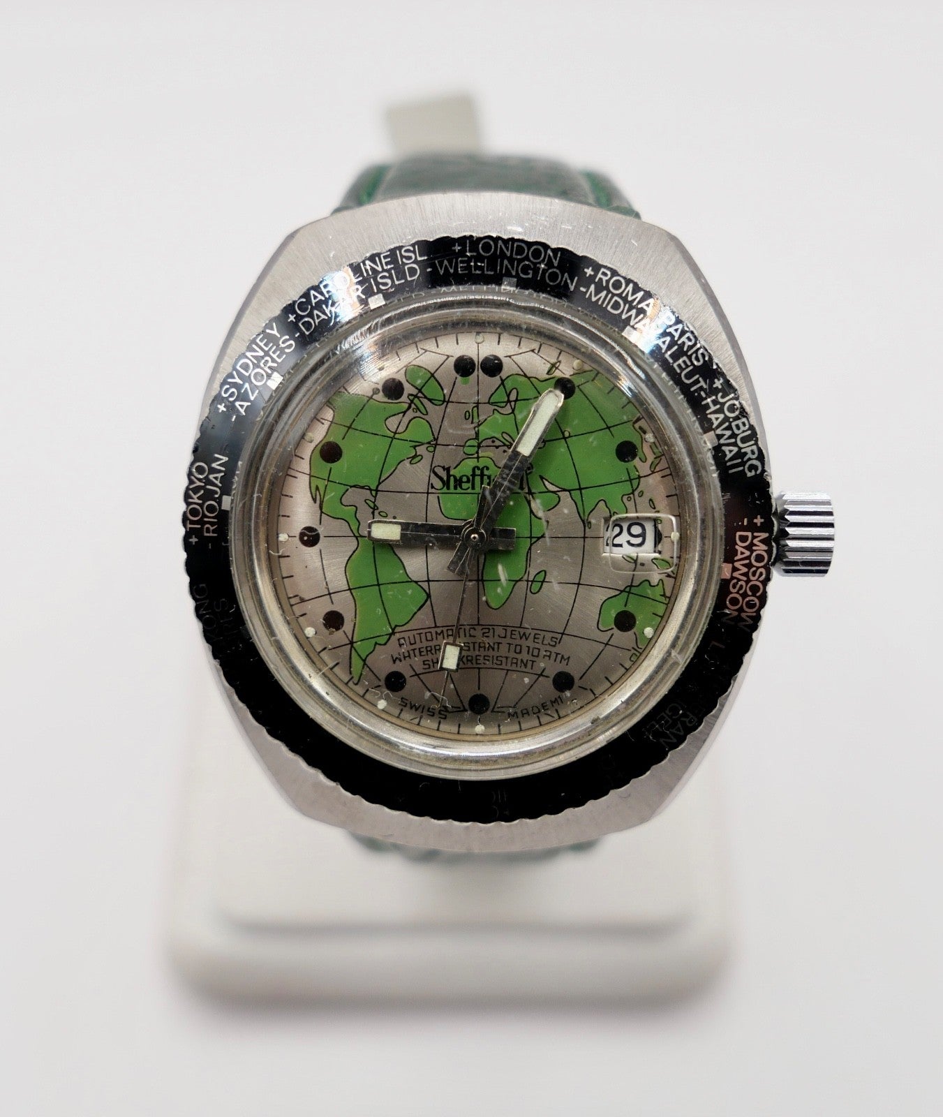 Sheffield Taucheruhr Weltuhr Herren Armbanduhr Automatik mit grünem Zifferblatt