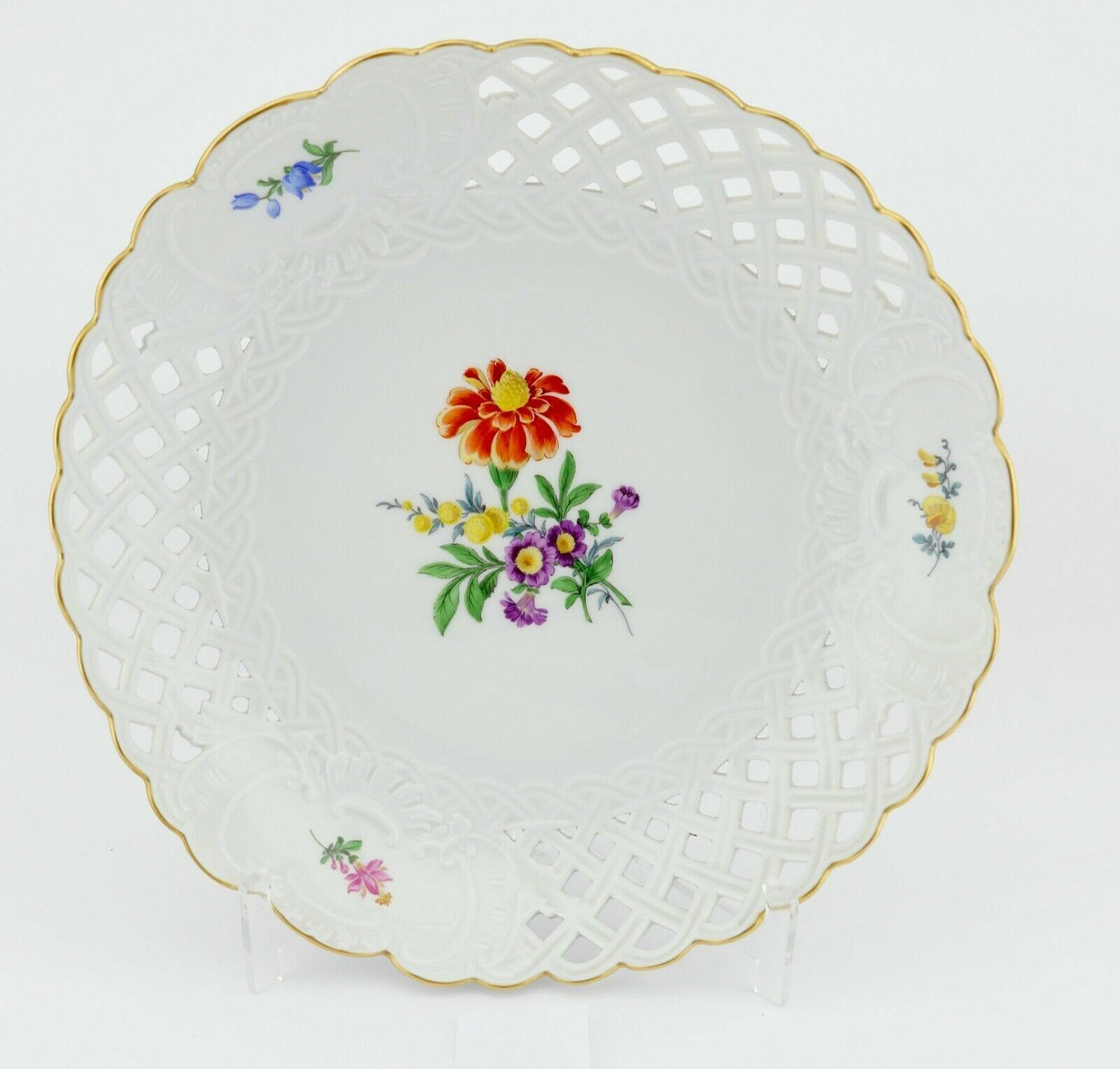 Meissen Durchbruchschale Weiß Goldrand Ø 25 cm Blumendekor 332 46a / 206